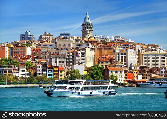 Cityscape of Istanbul with the view on Galata Tower and boats in Golden Horn bay, Turkey