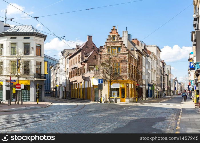 Cityscape of Meir shopping street road in Antwerp downtown in Belgium with tram track. EU Begium city landmark and shopping center for tourism and travel destination concept.