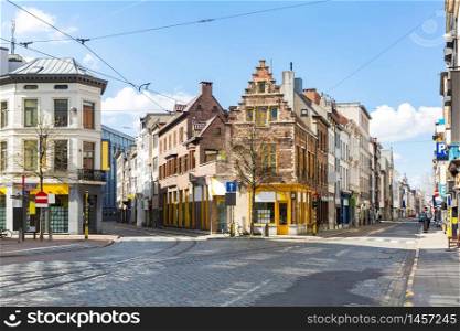 Cityscape of Meir shopping street road in Antwerp downtown in Belgium with tram track. EU Begium city landmark and shopping center for tourism and travel destination concept.