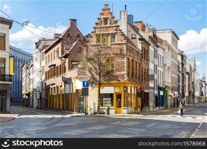Cityscape of Meir shopping street road in Antwerp downtown in Belgium with tram track. EU Belgium city landmark and shopping center for tourism and travel destination concept.
