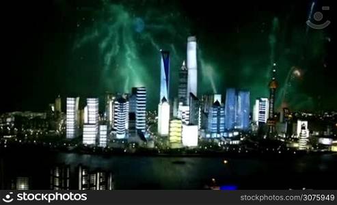 Cityscape of modern city with fireworks, Shanghai, China