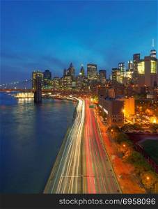 Cityscape of New York City at dusk, USA