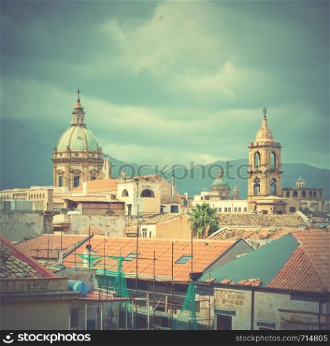 Cityscape of Palermo in Sicily, Italy. Retro-vintage social media style toning