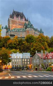 Cityscape of Quebec Lower Old Town at twilight during autumn season in Quebec, Canada.