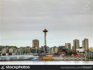 Cityscape of Seattle with Space Needle as seen from seafront