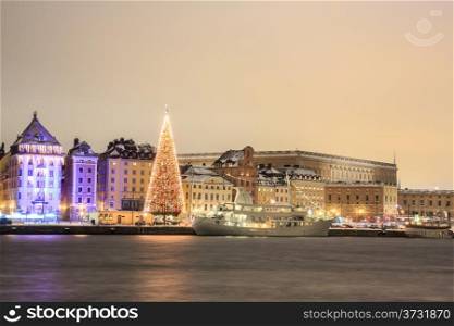 Cityscape of Stockholm city at night with Christmas tree Sweden