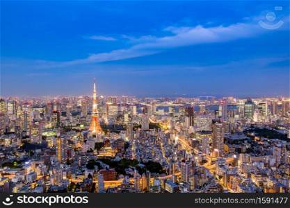 Cityscape of Tokyo skyline, panorama aerial skyscrapers view of office building and downtown in Tokyo in the evening. Japan, Asia. . Cityscape of Tokyo skyline, panorama aerial skyscrapers view of office building and downtown in Tokyo in the evening.