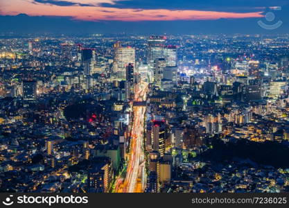 Cityscape of Tokyo skyline, panorama aerial skyscrapers view of office building and downtown in Tokyo in the evening. Japan, Asia.. Cityscape of Tokyo skyline, panorama aerial skyscrapers view of office building and downtown in Tokyo in the evening.