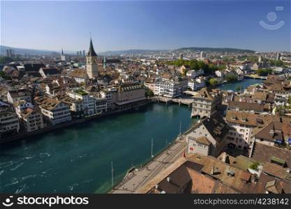 Cityscape of Zurich, Switzerland. Taken from a church tower overlooking the Limmat River.