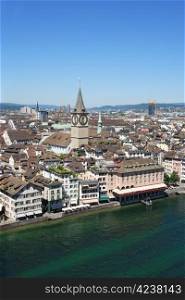 Cityscape of Zurich, Switzerland. Taken from a church tower overlooking the Limmat River.