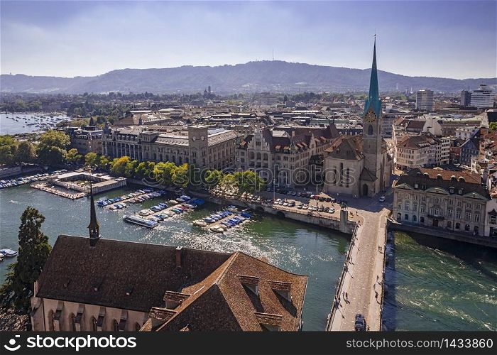 Cityscape of Zurich, Switzerland, taken from the Grossmunster church tower.