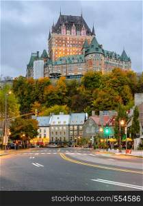 Cityscape or skyline of Quebec Lower Old Town and Fairmont Le Chateau Frontenac Hotel during autumn season in Quebec, Canada.