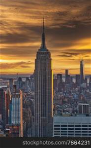 Cityscape view of Manhattan at sunset, New York City, USA 