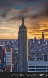 Cityscape view of Manhattan at sunset, New York City, USA 