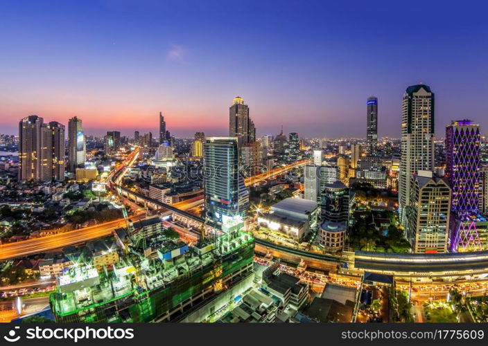 Cityscape View of the Bangkok Sathorn area at twilight.. Bangkok twilight.