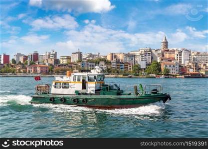 Cityscape with Galata Tower and Gulf of the Golden Horn in Istanbul, Turkey in a beautiful summer day