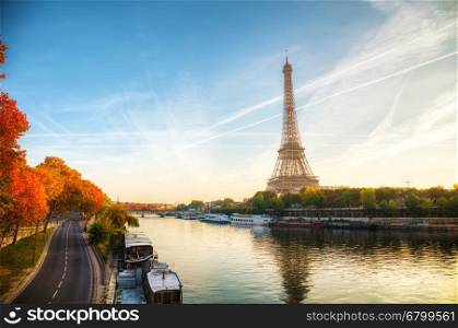 Cityscape with the Eiffel tower in Paris, France at sunrise
