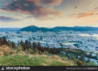 cityspace. view from hill of city bergen and fjord landscape evening scenery, norway. cityspace of bergen in Norway