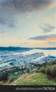 cityspace. view from hill of city bergen and fjord landscape evening scenery, norway. cityspace of bergen in Norway
