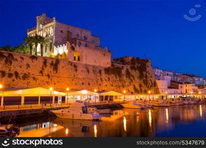 Ciutadella Menorca city town Hall and Port sunset with boats in Balearic Islands