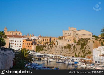 Ciutadella Menorca marina boats Port with town hall and cathedral in Balearic islands