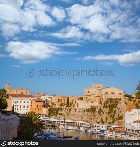 Ciutadella Menorca marina boats Port with town hall and cathedral in Balearic islands