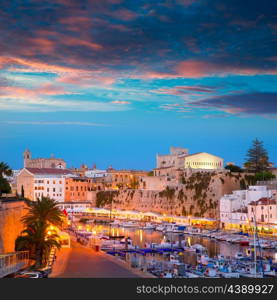 Ciutadella Menorca marina Port sunset town hall and cathedral in Balearic islands