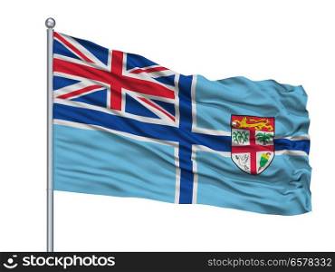 Civil Air Ensign Of Fiji Flag On Flagpole, Isolated On White Background. Civil Air Ensign Of Fiji Flag On Flagpole, Isolated On White