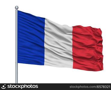 Civil And Naval Ensign Of France Flag On Flagpole, Isolated On White Background. Civil And Naval Ensign Of France Flag On Flagpole, Isolated On White