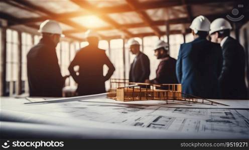 Civil Engineers and Architects Discussing Construction Project at Office. Generative ai. High quality illustration. Civil Engineers and Architects Discussing Construction Project at Office. Generative ai