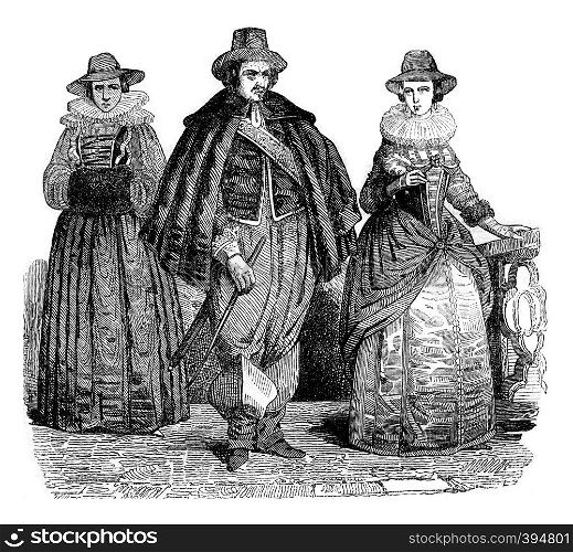 Civil suits the reign of Charles I, vintage engraved illustration. Colorful History of England, 1837.