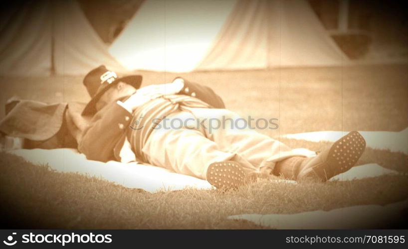 Civil War soldier napping in camp (Archive Footage Version)