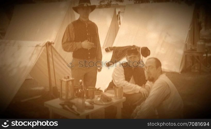 Civil War soldiers pose in an encampment (Archive Footage Version)