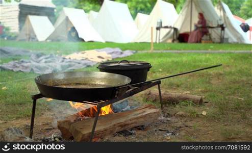 Civil War tent encampment and cooking fire