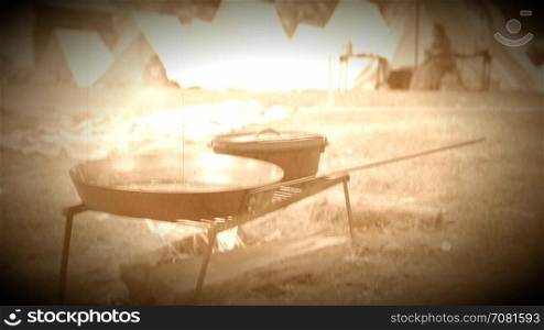 Civil War tent encampment and cooking fire (Archive Footage Version)