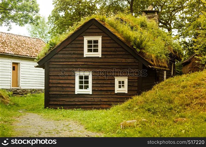 Civilization and nature concept. Norwegian cottage House roof covered with beautiful green moss. House roof covered with moss