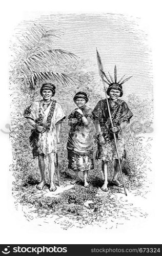 Civilized Indians of the Town of Cuembi in Amazonas, Brazil, drawing by Riou from a photograph, vintage engraved illustration. Le Tour du Monde, Travel Journal, 1881