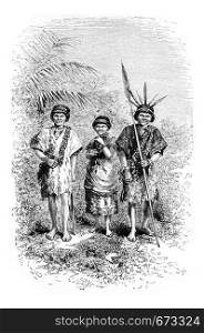 Civilized Indians of the Town of Cuembi in Amazonas, Brazil, drawing by Riou from a photograph, vintage engraved illustration. Le Tour du Monde, Travel Journal, 1881