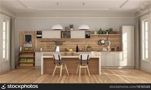 Claasic room with white kitchen with island - 3d rendering. White and wooden kitchen with with island