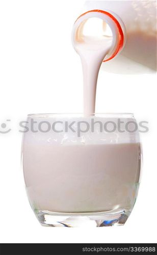 Clabber flowing in the glass from plastic bottle with clipping path