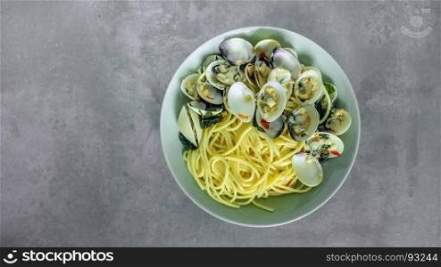 Clams pasta seafood dish. Clams pasta In White Wine Butter Sauce on dish