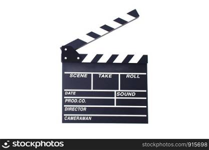 Clapperboard or slate for director cut scene in action movie for role play. Entertainment and object theme. Dramatic and Video theme. Black wooden slate. Isolated white background