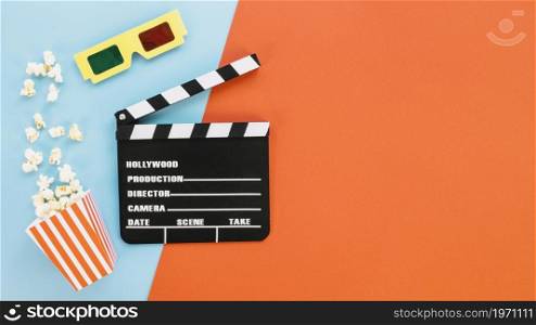 clapperboard with 3d glasses popcorn. High resolution photo. clapperboard with 3d glasses popcorn. High quality photo