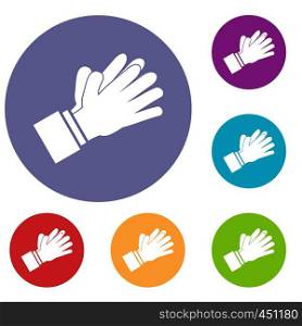 Clapping applauding hands icons set in flat circle reb, blue and green color for web. Clapping applauding hands icons set