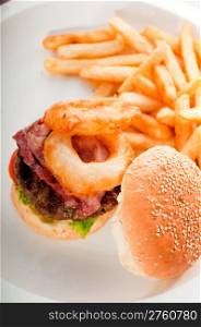 classic american hamburger sandwich with onion rings and french fries, MORE DELICIOUS FOOD ON PORTFOLIO