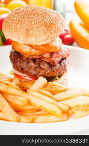 classic american hamburger sandwich with onion rings and french fries, MORE DELICIOUS FOOD ON PORTFOLIO