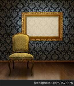 Classic antique chair and gold plated frame in room with blue damask pattern wall
