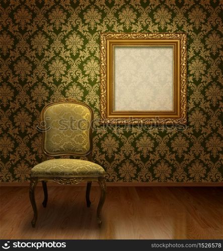 Classic antique chair and gold plated frame in room with damask pattern wall