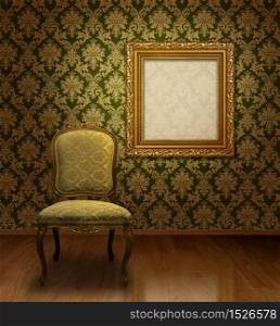Classic antique chair and gold plated frame in room with damask pattern wall