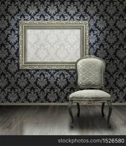 Classic antique chair and silver plated frame in room with damask pattern wall